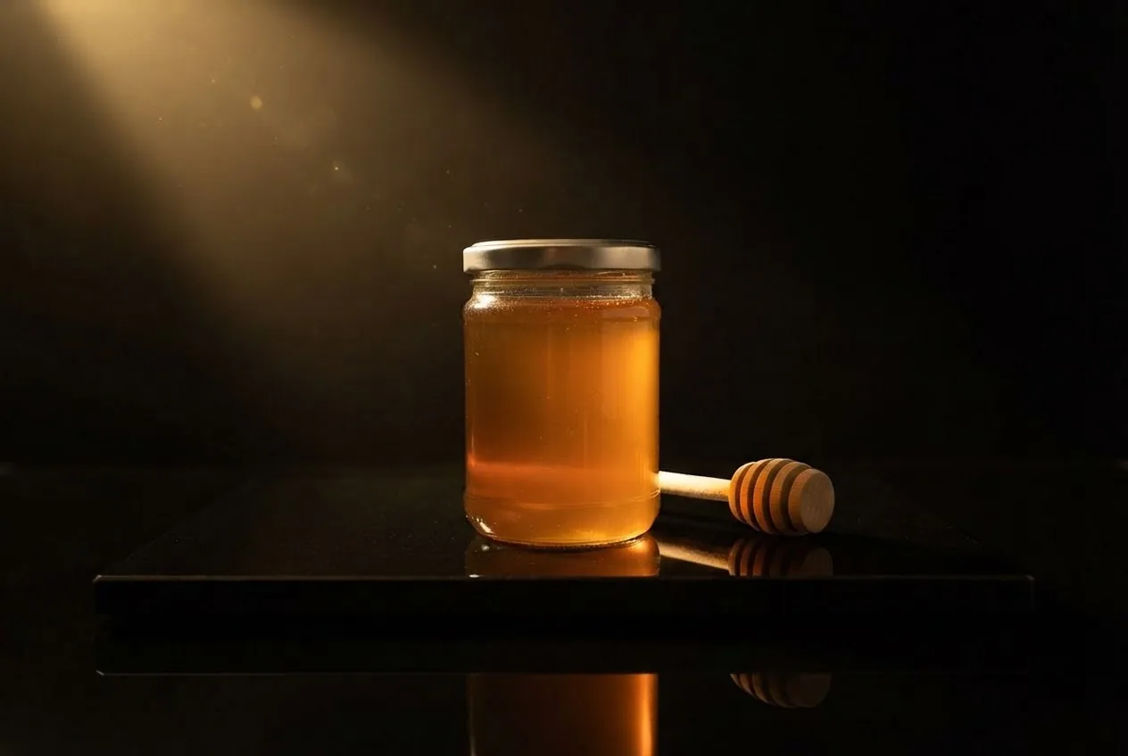 عکس محصول از شیشه عسل زیر نور طلایی روی پسزمینه تیره — خروجی همان پرامپت فارسی بالا