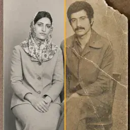 عکس خانوادگی قدیمی، نیمهی راست با خطوخش و تاخوردگی و نیمهی چپ ترمیمشده با نگارسا