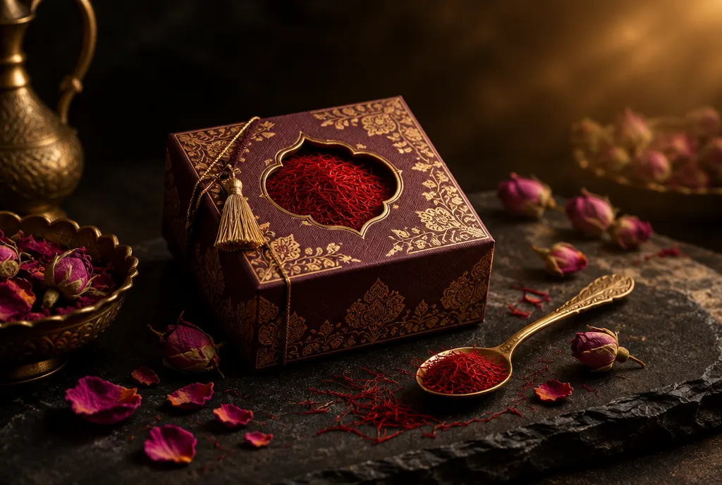 عکس تبلیغاتی از جعبه کادویی زعفران با نقش طلایی، قاشق برنجی و گلبرگ‌های گل محمدی روی سنگ تیره، ساخته‌شده با هوش مصنوعی در نگارسا