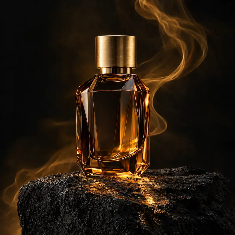 عکس تبلیغاتی از شیشه عطر کهربایی روی سنگ سیاه با دود طلایی، ساختهشده با هوش مصنوعی در نگارسا