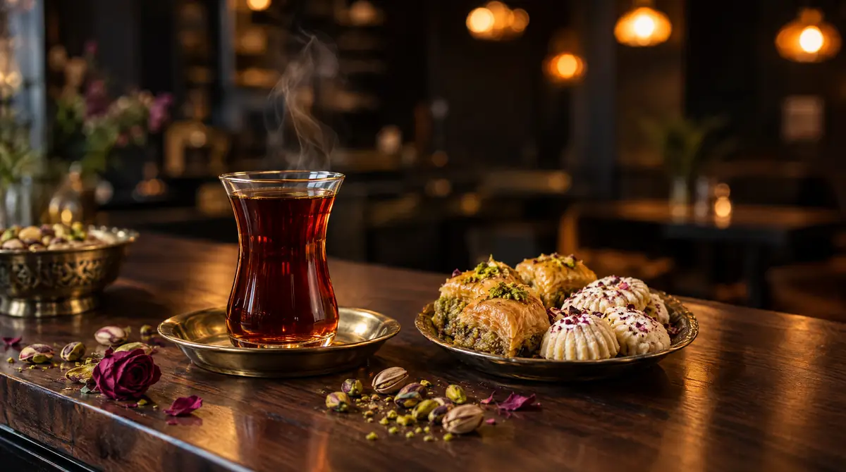 عکس غذا از استکان کمرباریک چای، باقلوا و شیرینی روی پیشخوان کافه، ساختهشده با هوش مصنوعی در نگارسا