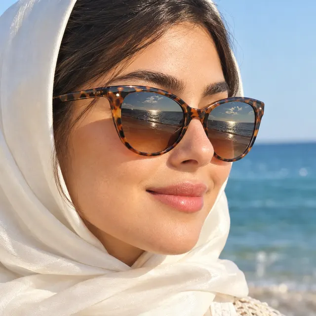 نمونه خروجی پرامپت «عینک آفتابی روی مدل با انعکاس دریا»، ساختهشده با هوش مصنوعی