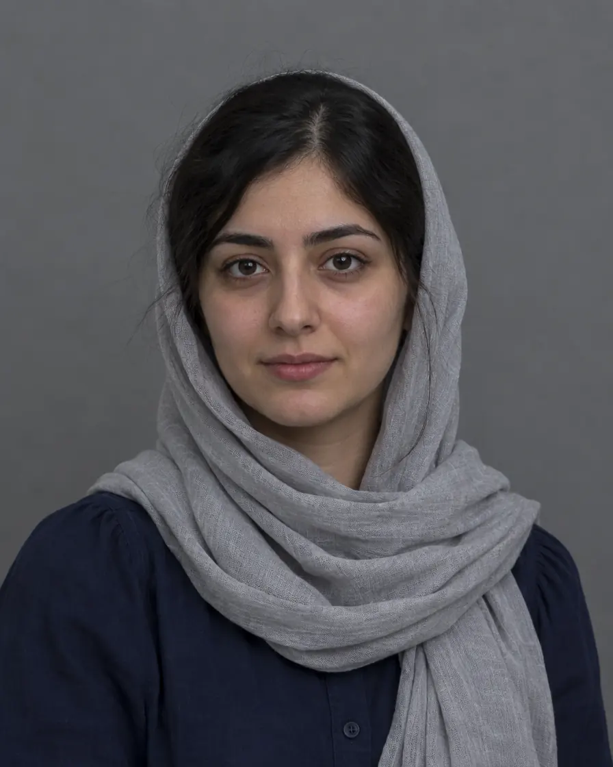 پرتره‌ی آزمایشی آتلیه از زنی با شال طوسی روی فون خاکستری، کمی تاریک و رتوش‌نشده
