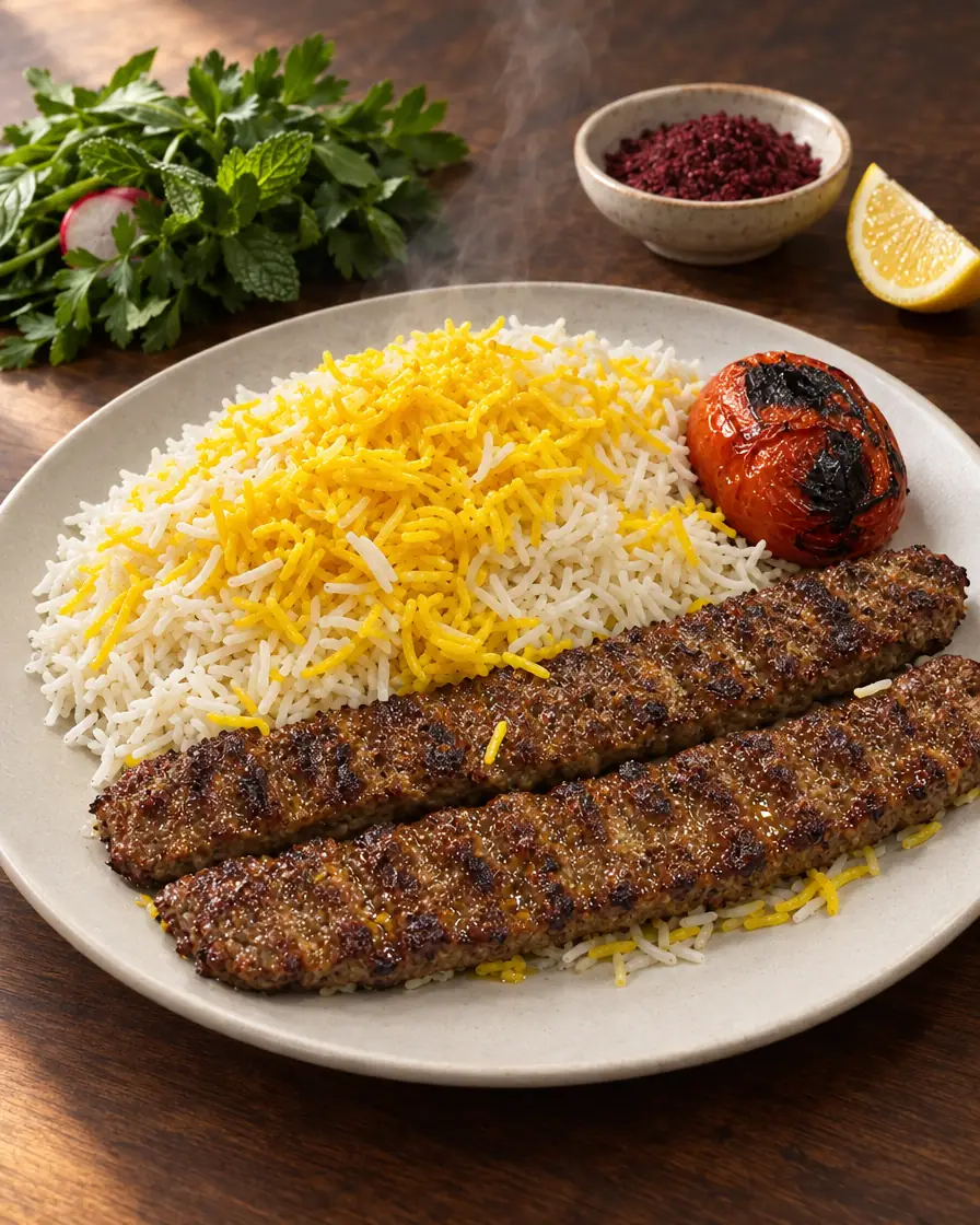 همان چلوکباب کوبیده روی بشقاب سرامیکی و میز چوب گردو با سبزی، سماق و لیمو در نور پنجره؛ عکس منوی رستوران ساختهشده با هوش مصنوعی